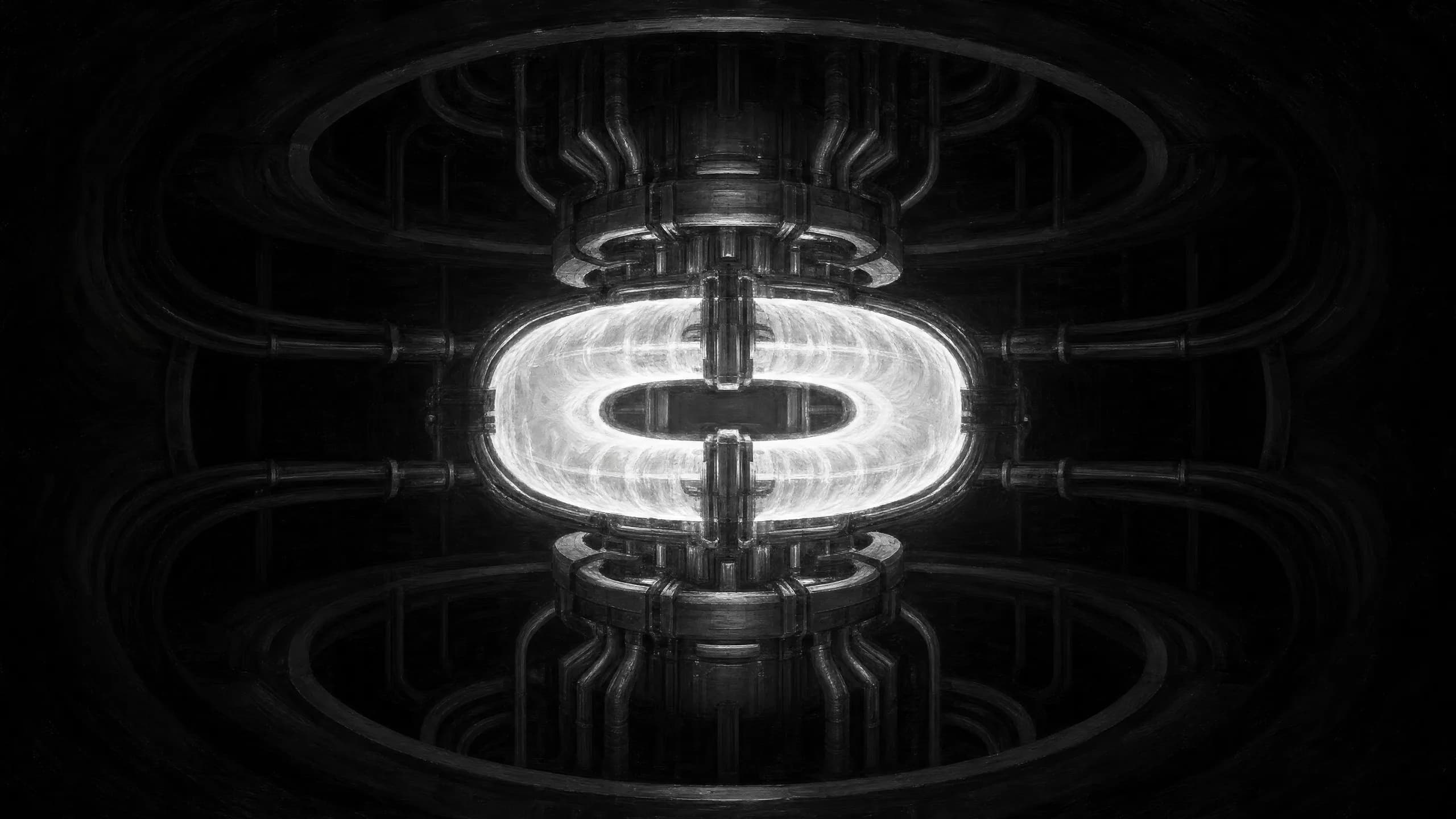 A symmetrical glowing toroidal fusion reactor surrounded by dark machinery.