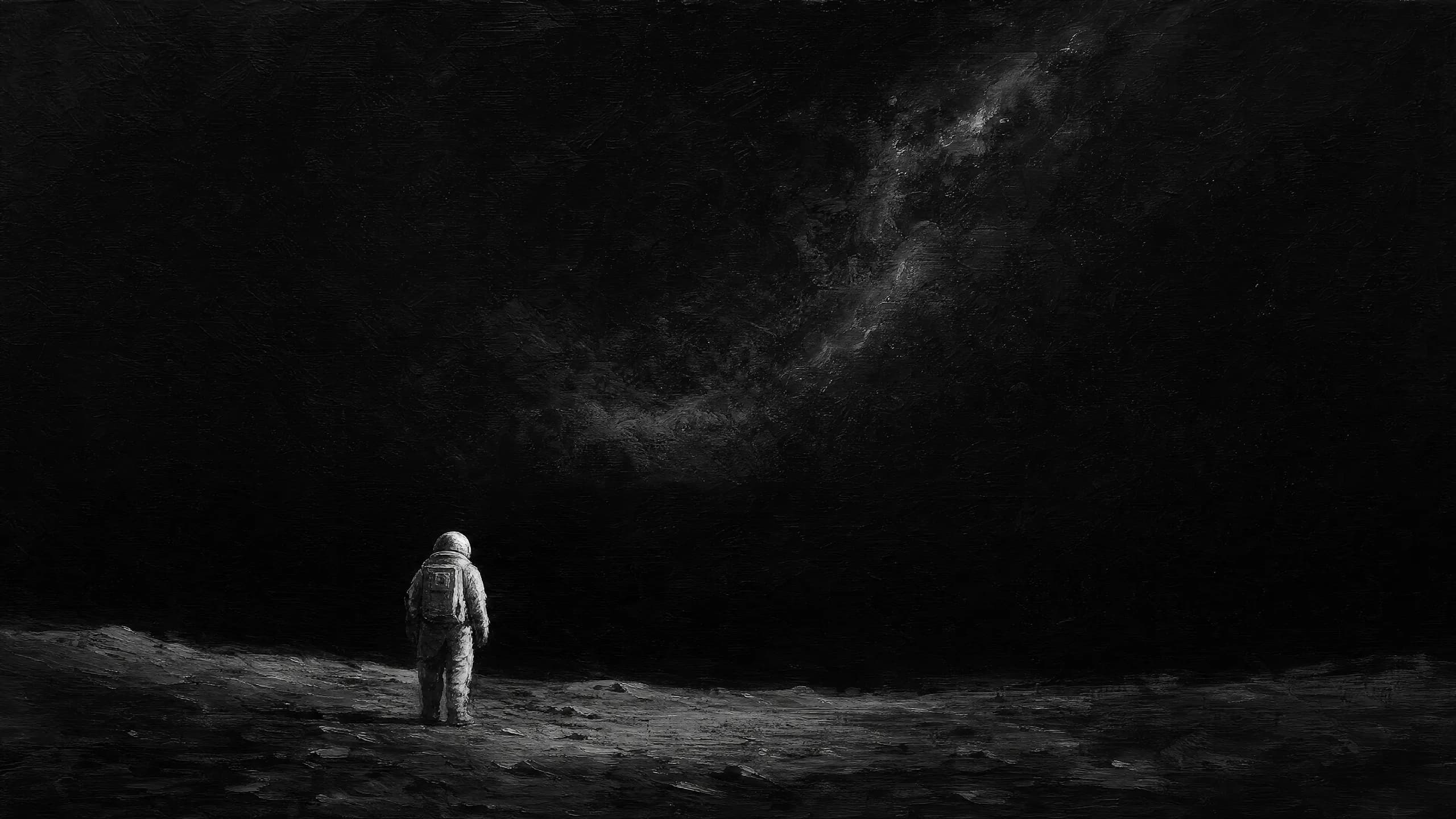 A solitary astronaut standing on a barren surface beneath the Milky Way.