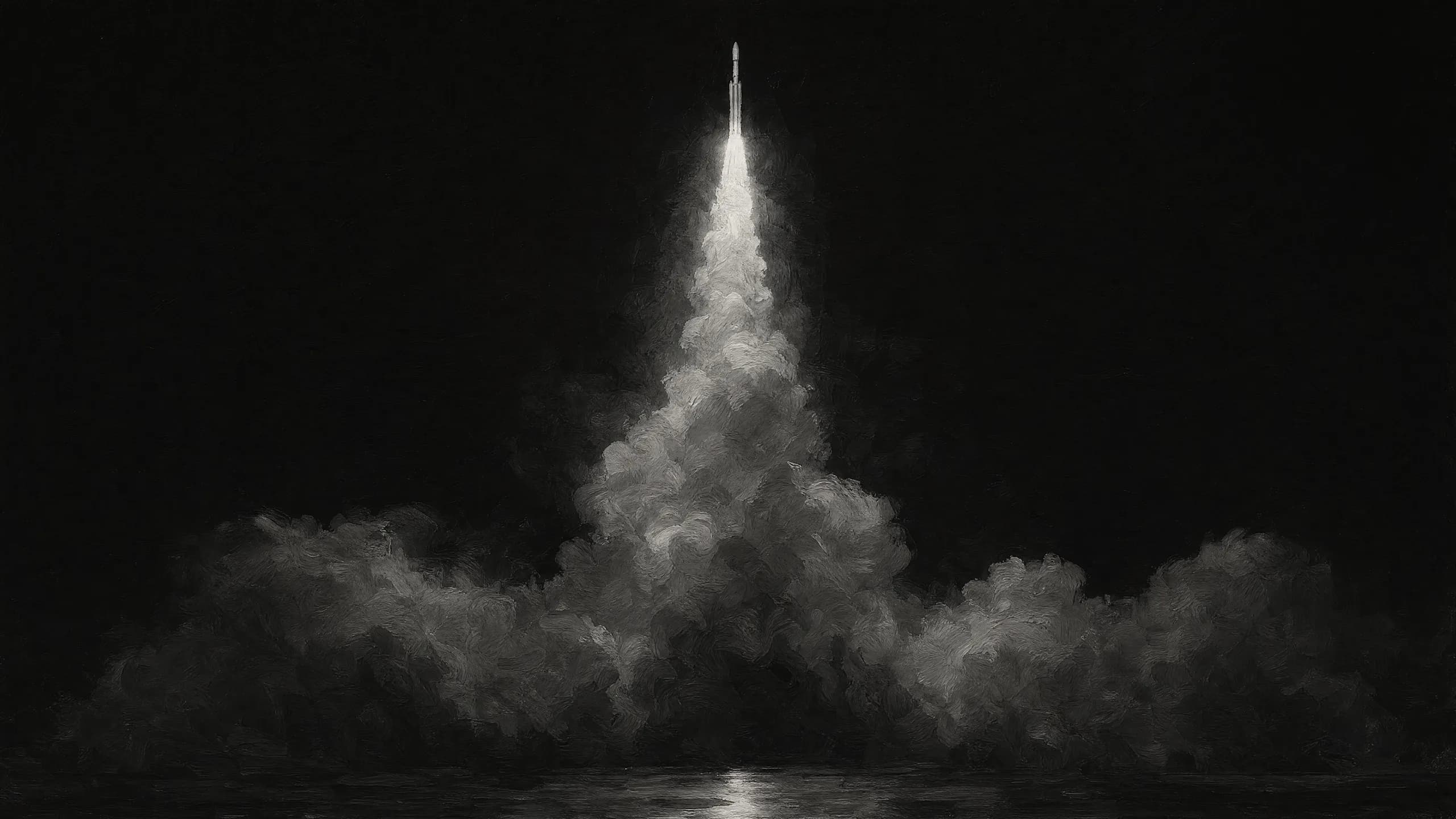 A rocket climbing into a black sky atop a luminous billowing column of smoke.