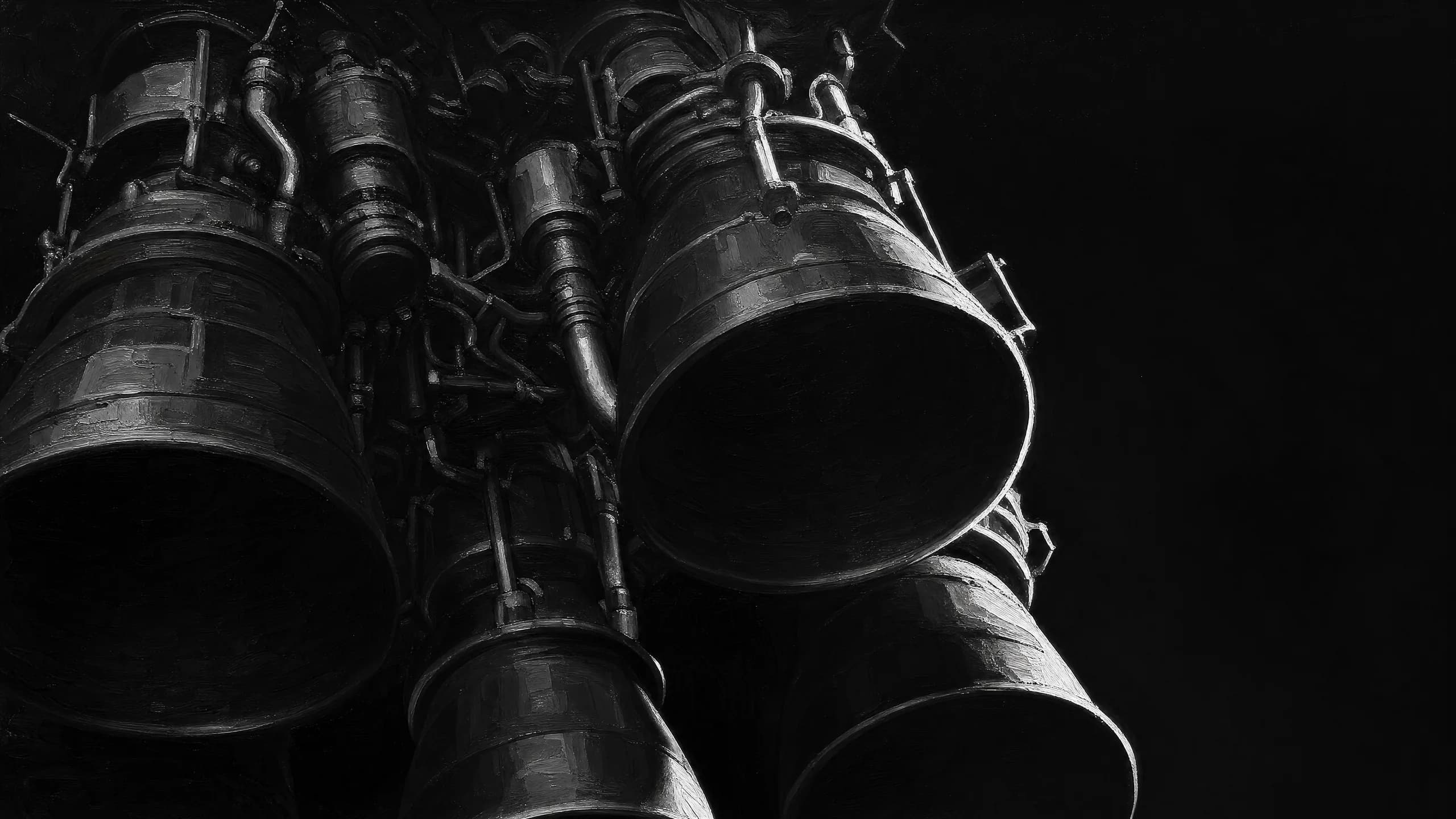 Close-up of a cluster of rocket engine bells and plumbing rendered in dark grayscale.