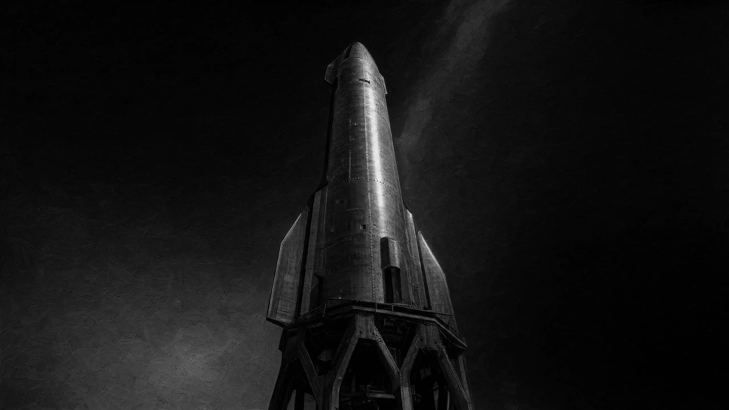 Monochrome painting of a towering rocket standing on its launch mount in near-darkness.